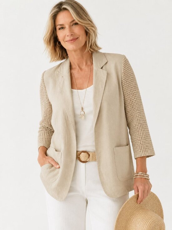 Chico's Jackets & Blazers - Chico's Tan Linen Open Front Long Perforated Sleeve Blazer Jacket Womens 2, US L